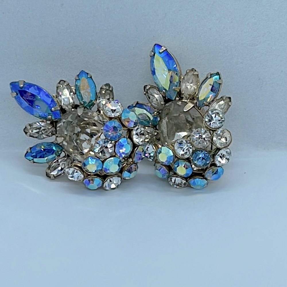 Vintage sky blue and clear ABs large clip earrings